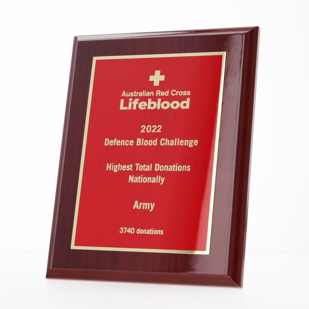 Designer Brass Plaque (Red on Rosewood) 225mm