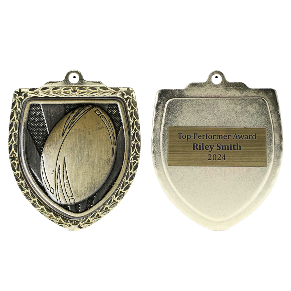 Rugby Ball Shield Medal 80mm - Gold 