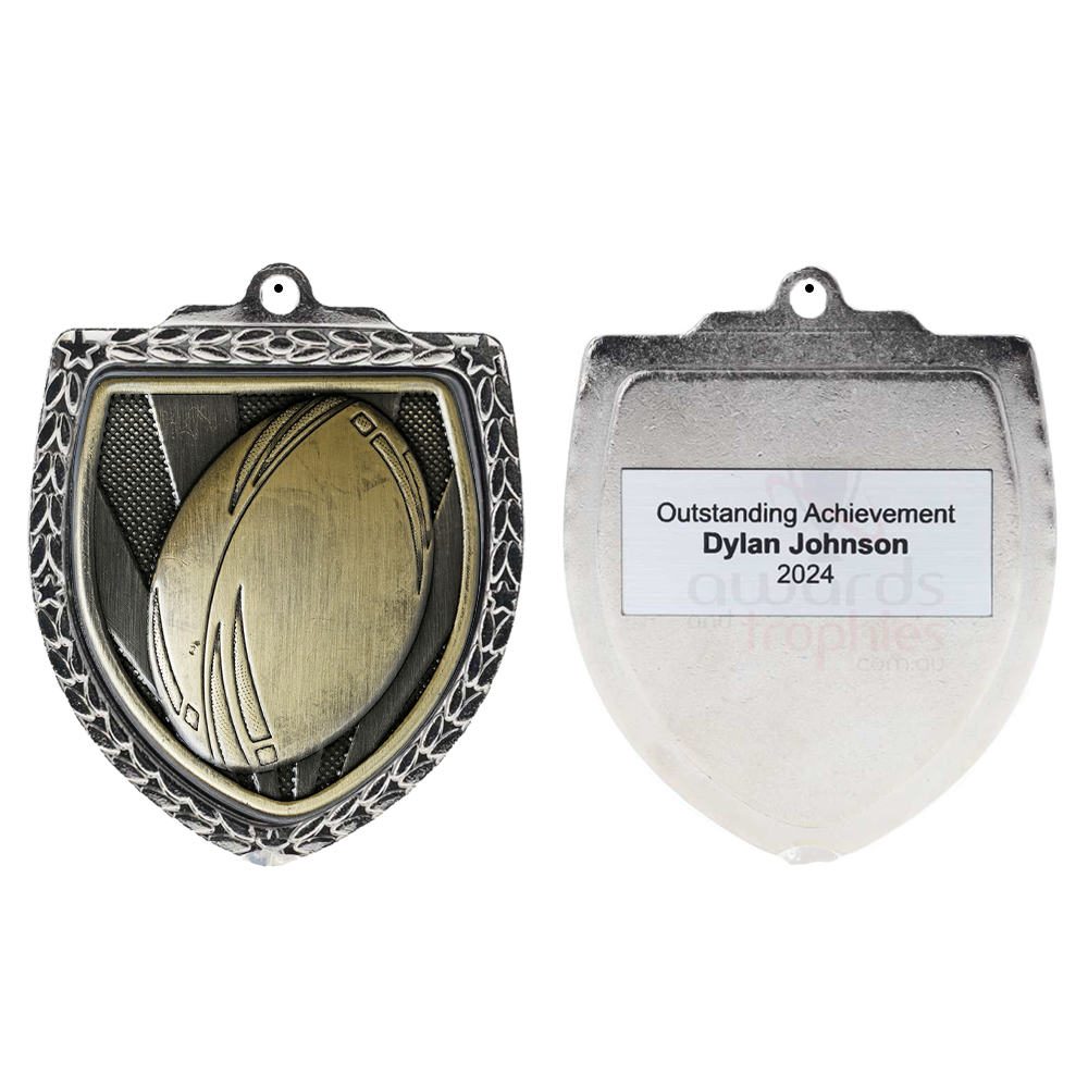 Rugby Ball Shield Medal 80mm - Silver 