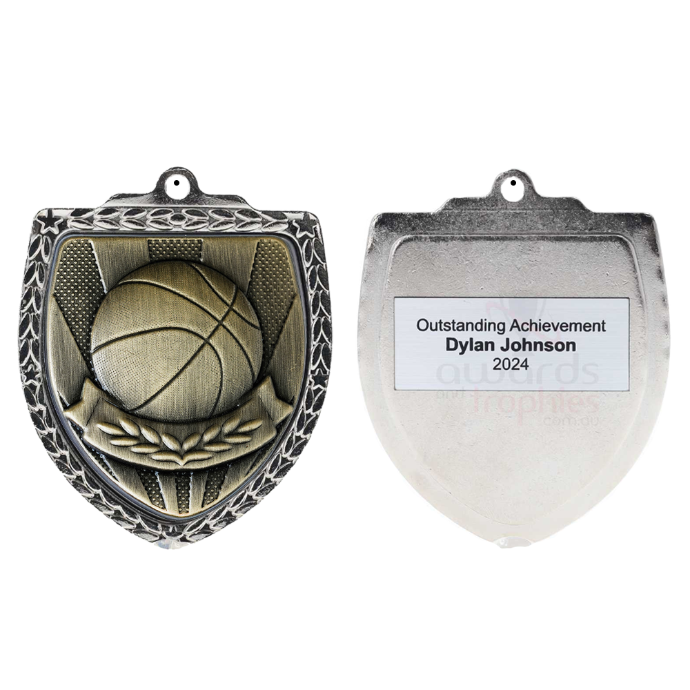 Basketball Shield Medal 80mm - Silver 