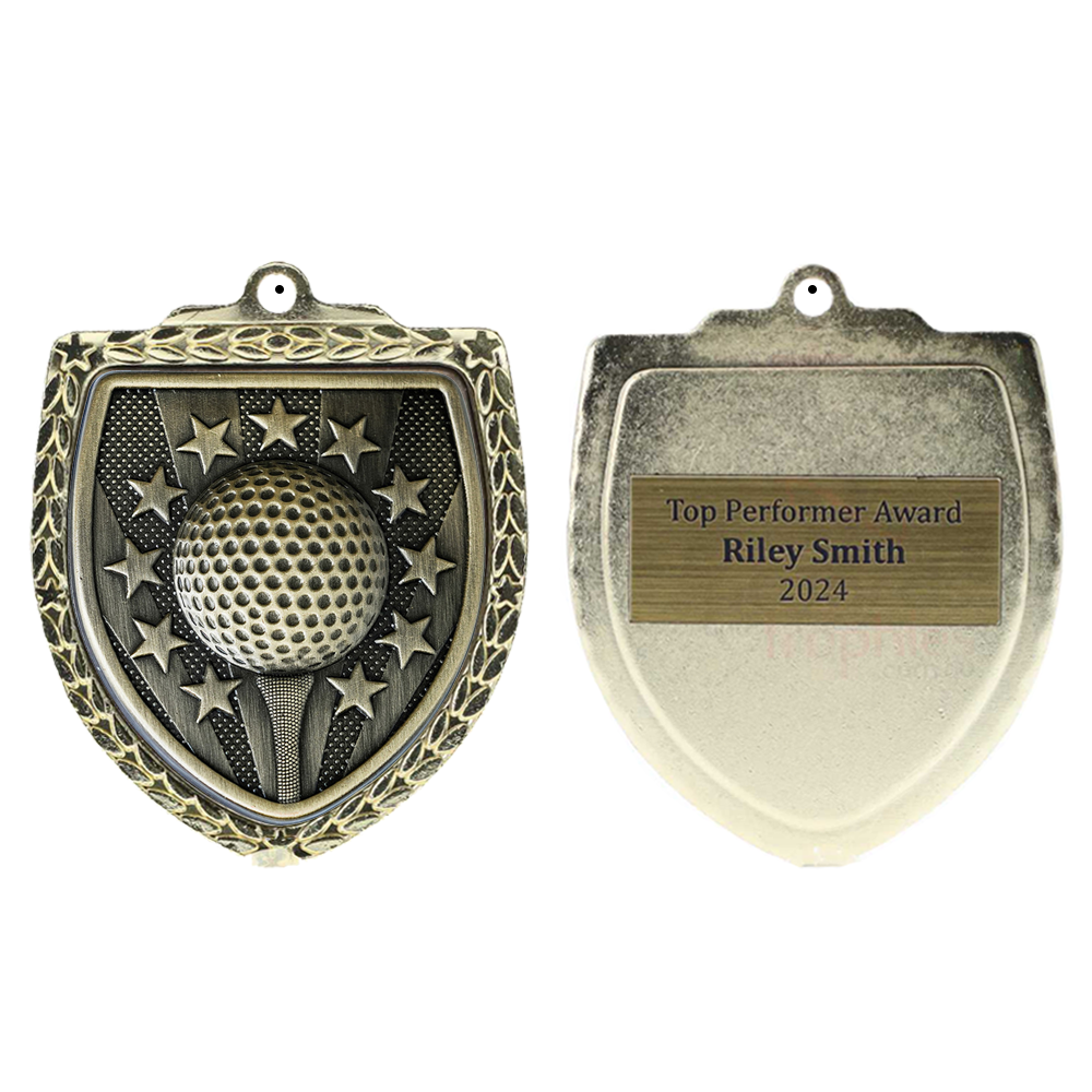 Golf Shield Medal 80mm - Gold 