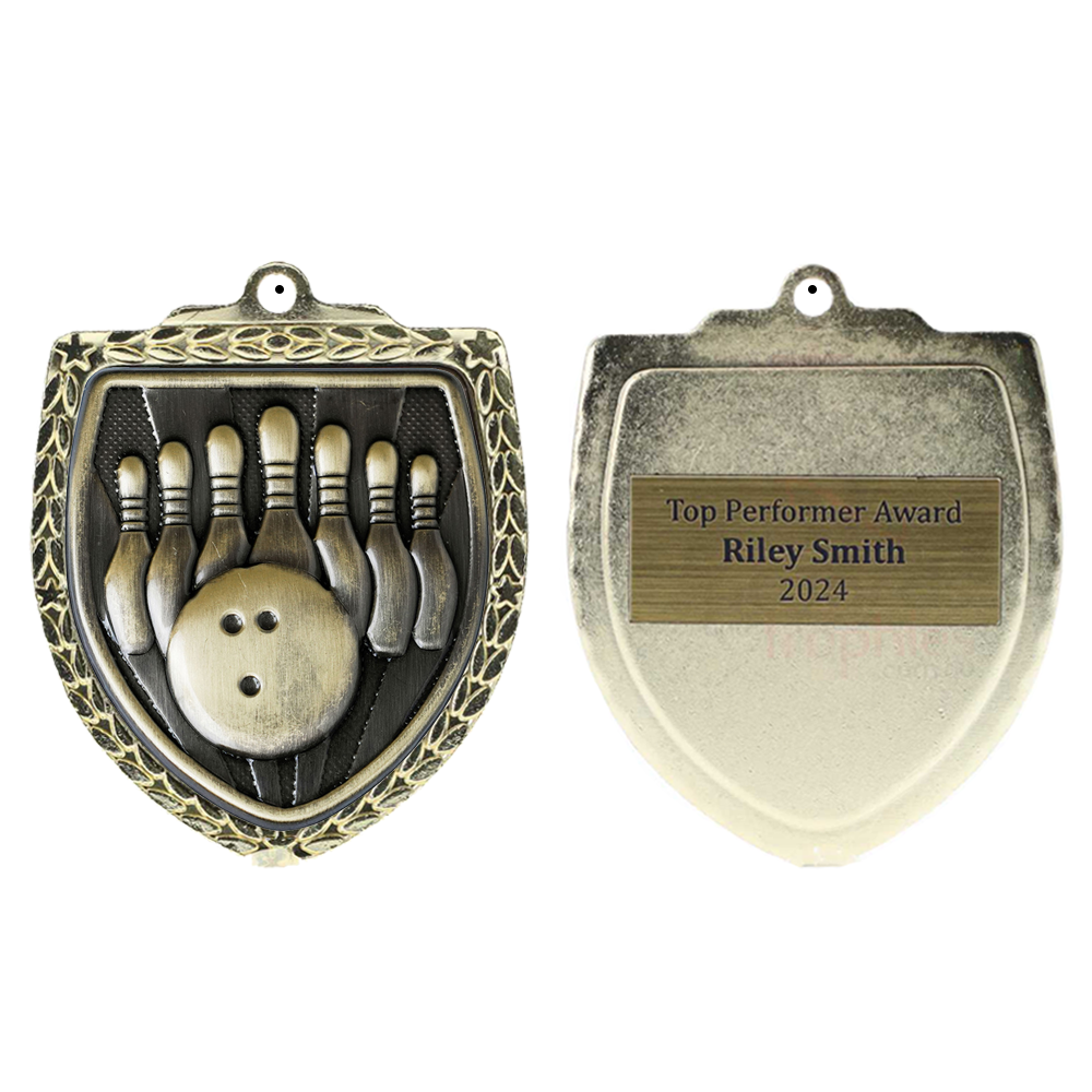 Tenpin Bowling Shield Medal 80mm - Gold 
