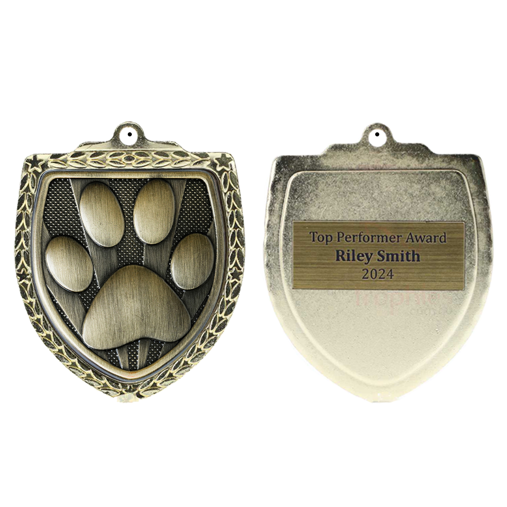 Paw Print Shield Medal 80mm - Gold 