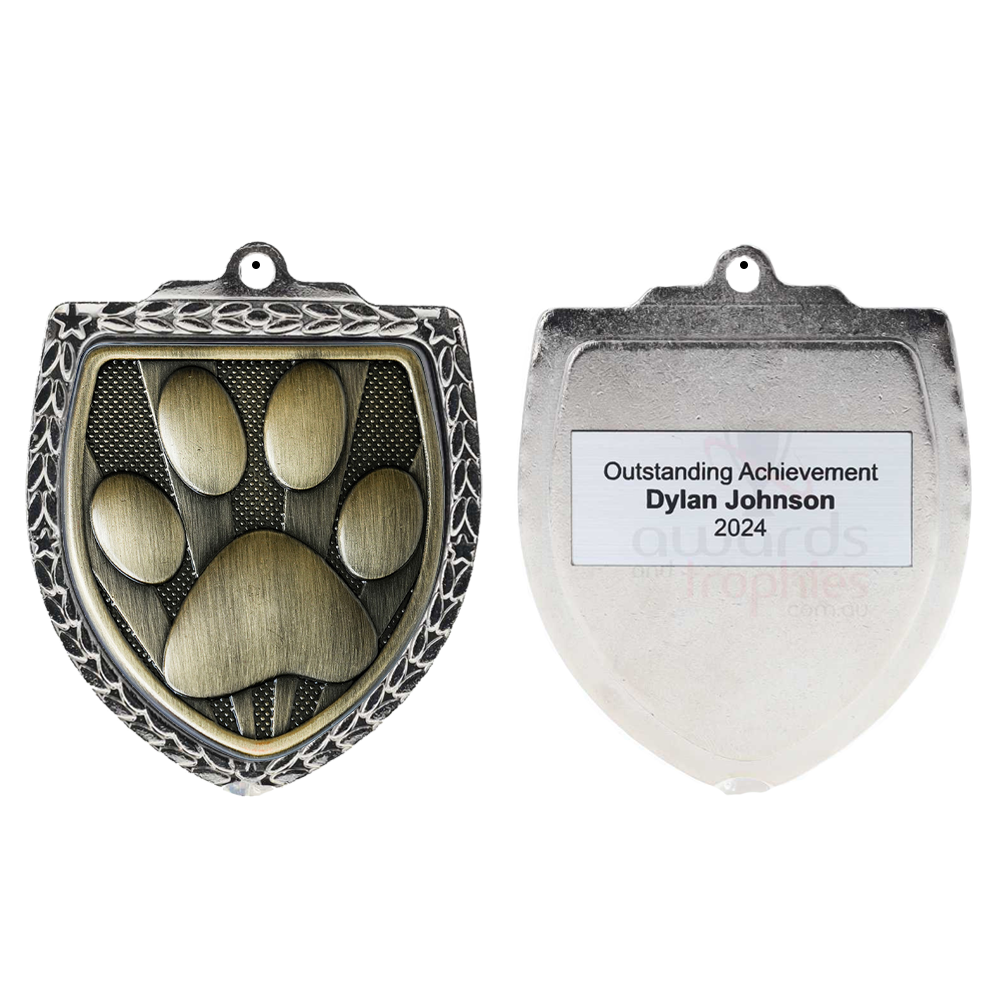 Paw Print Shield Medal 80mm - Silver 
